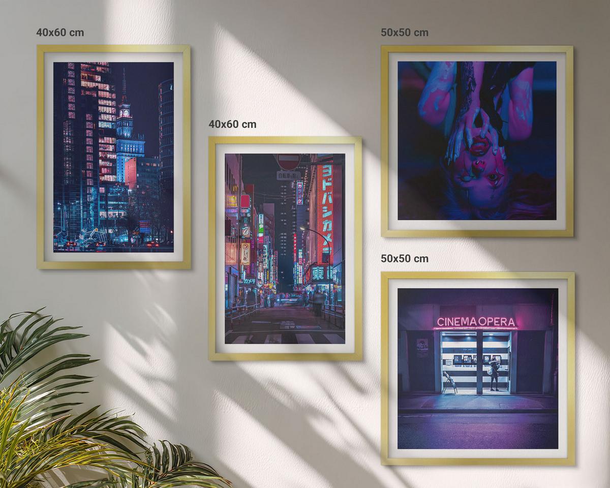 BILDER SET 4er Set - 50x50 cm & 40x60 cm Goldrahmen - Nachtstadt mit Neonlichtern - Goldfarben, Kunststoff (50/50cm) - TULUP