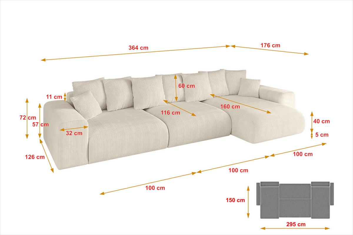 ECKSOFA Ottomane rechts ESKAR-L2 364x176x72 Taupe Cord - Taupe/Schwarz, Holzwerkstoff/Kunststoff (176/364cm) - ALTDECOR
