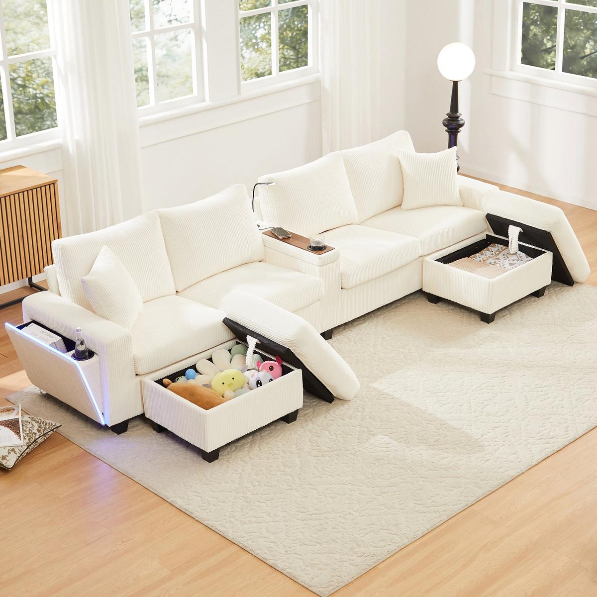 ECKSOFA aus Cord in Beige mit LED Beleuchtung & smarten USB-Anschlüssen - Beige, Textil (128/334cm) - Urban Meuble