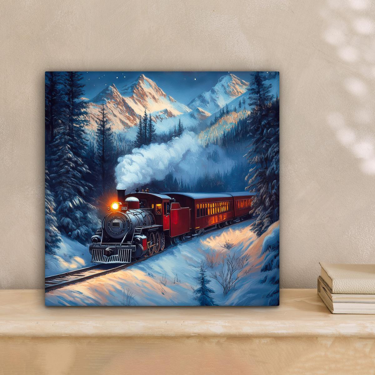 LEINWANDBILD Zug - Weihnachten - Schnee - Weihnachtszug Deko Wohnzimmer 20x20 cm - Anthrazit, Textil (20/20cm) - MuchoWow