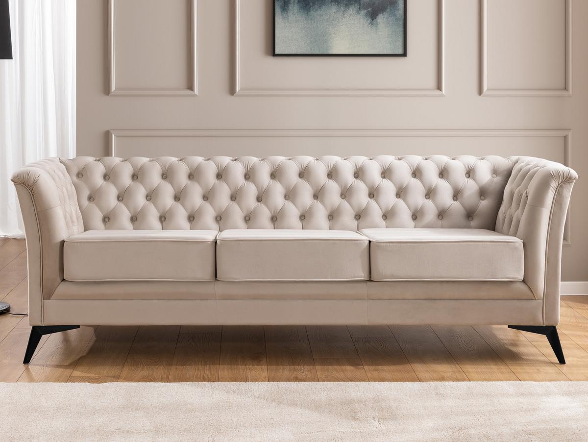CHESTERFIELD-SOFA 3-sitzer Whitby Beige Samt mit schwarzen Füßen - Beige/Schwarz, Holz/Textil (237/78/82cm) - S-Style Möbel