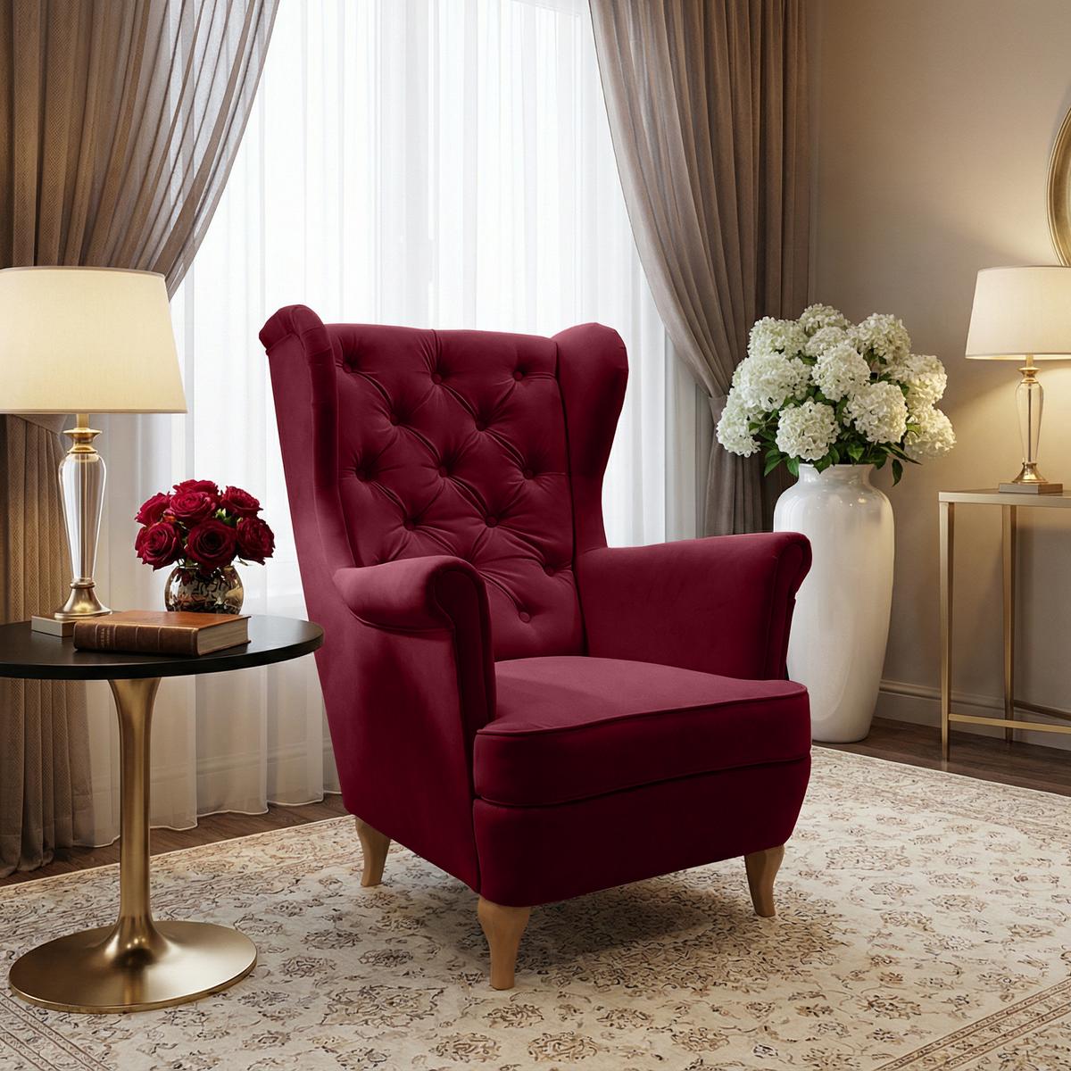 CHESTERFIELD-SESSEL Falco bordeaux mit Holzbeinen - Bordeaux/Buchefarben, Holz/Textil (82/102/92cm) - Beautysofa
