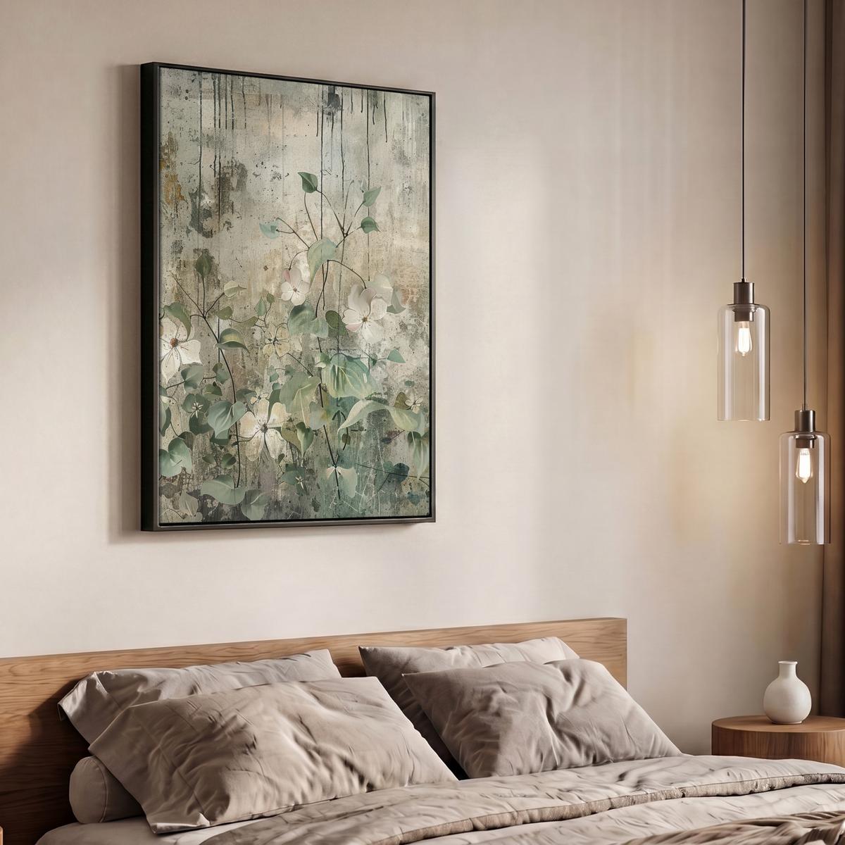 LEINWAND Bilder mit Rahmen - Blumen - Blätter - Abstrakt - Modern - 70x100 - Grau, Textil (70/100cm) - MuchoWow