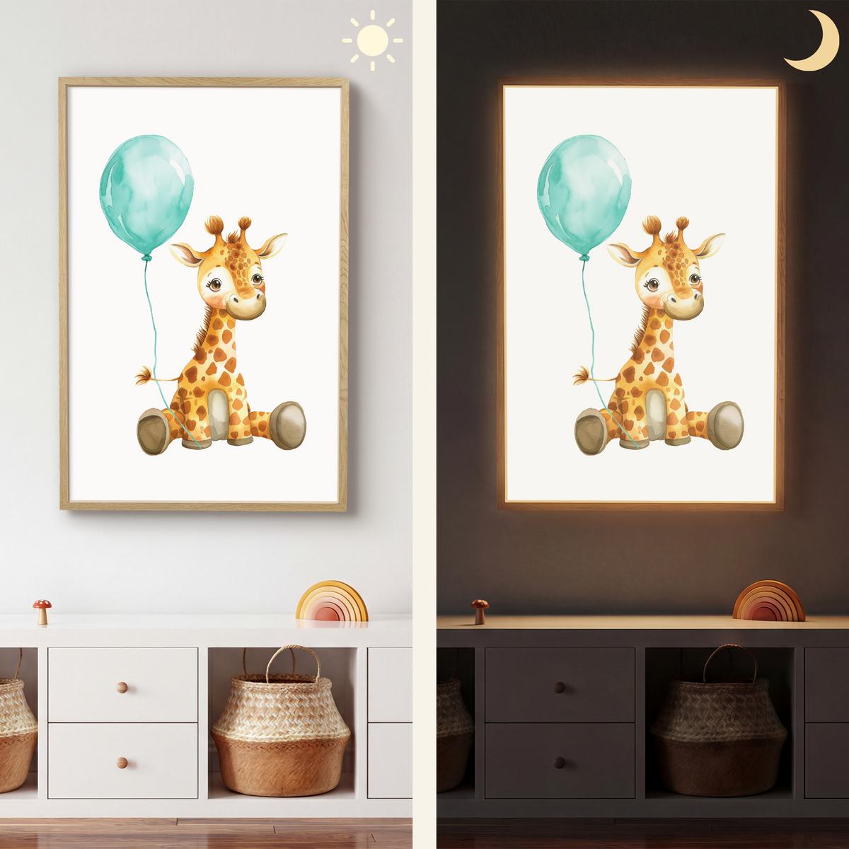 WANDLEUCHTE MIT AKKU Giraffe - Baby - Tiere - Blauer Ballon 70x100 cm - Weiß, Holzwerkstoff (70/100/8cm) - OnlyWow