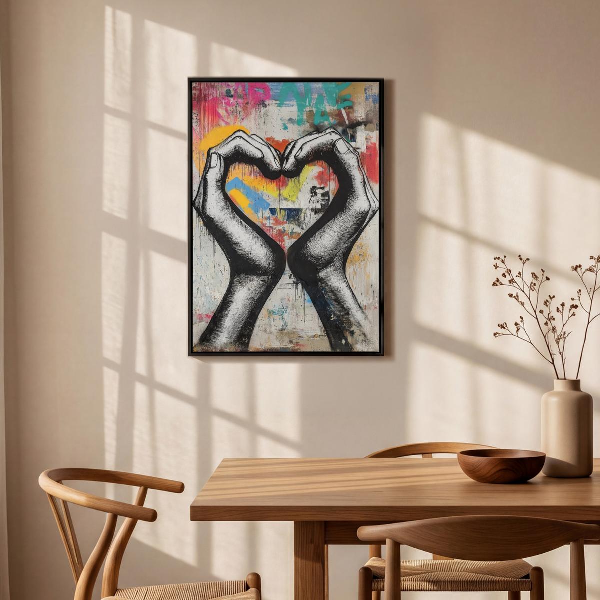 LEINWAND Bilder mit Rahmen - Hände - Herz - Straßenkunst - Graffiti - 60x90 - Multicolor, Textil (60/90cm) - MuchoWow