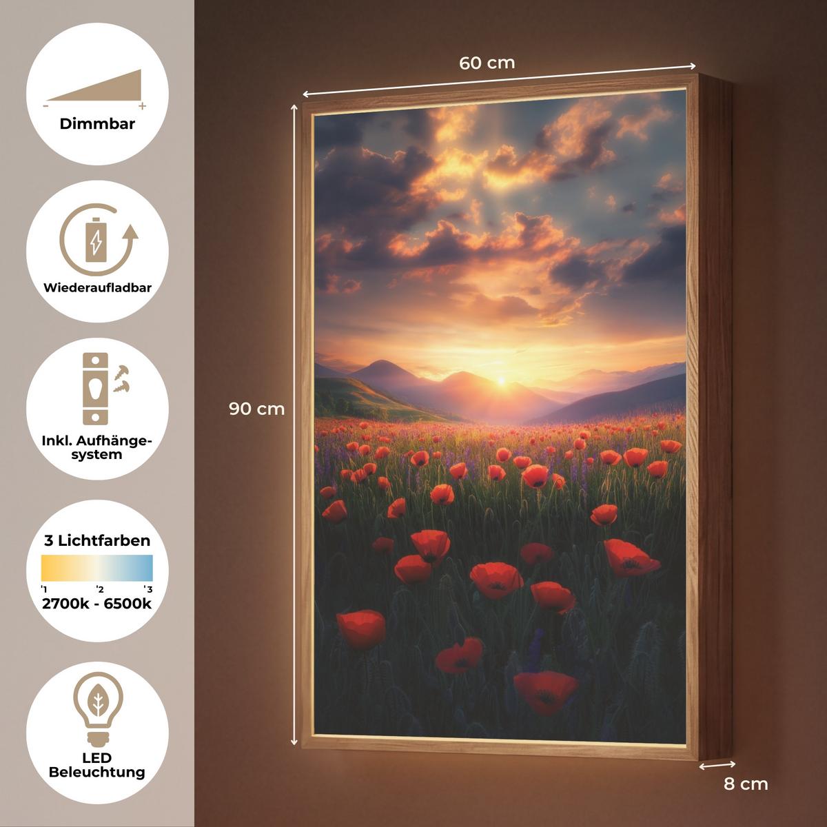 WANDLEUCHTE MIT AKKU Landschaft - Sonnenuntergang - Blumenfeld 60x90 cm - Rot, Holzwerkstoff (60/90/8cm) - OnlyWow