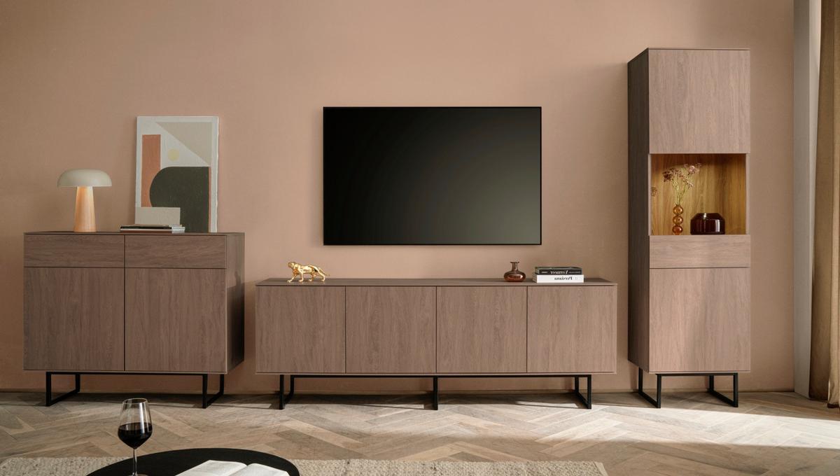 WOHNWAND in Nussbaum 3-teilig 400 cm, Komplett-Set mit Push-to-Open - Nussbaumfarben/Schwarz, Glas/Holzwerkstoff (400/200/40cm) - Furn.Design