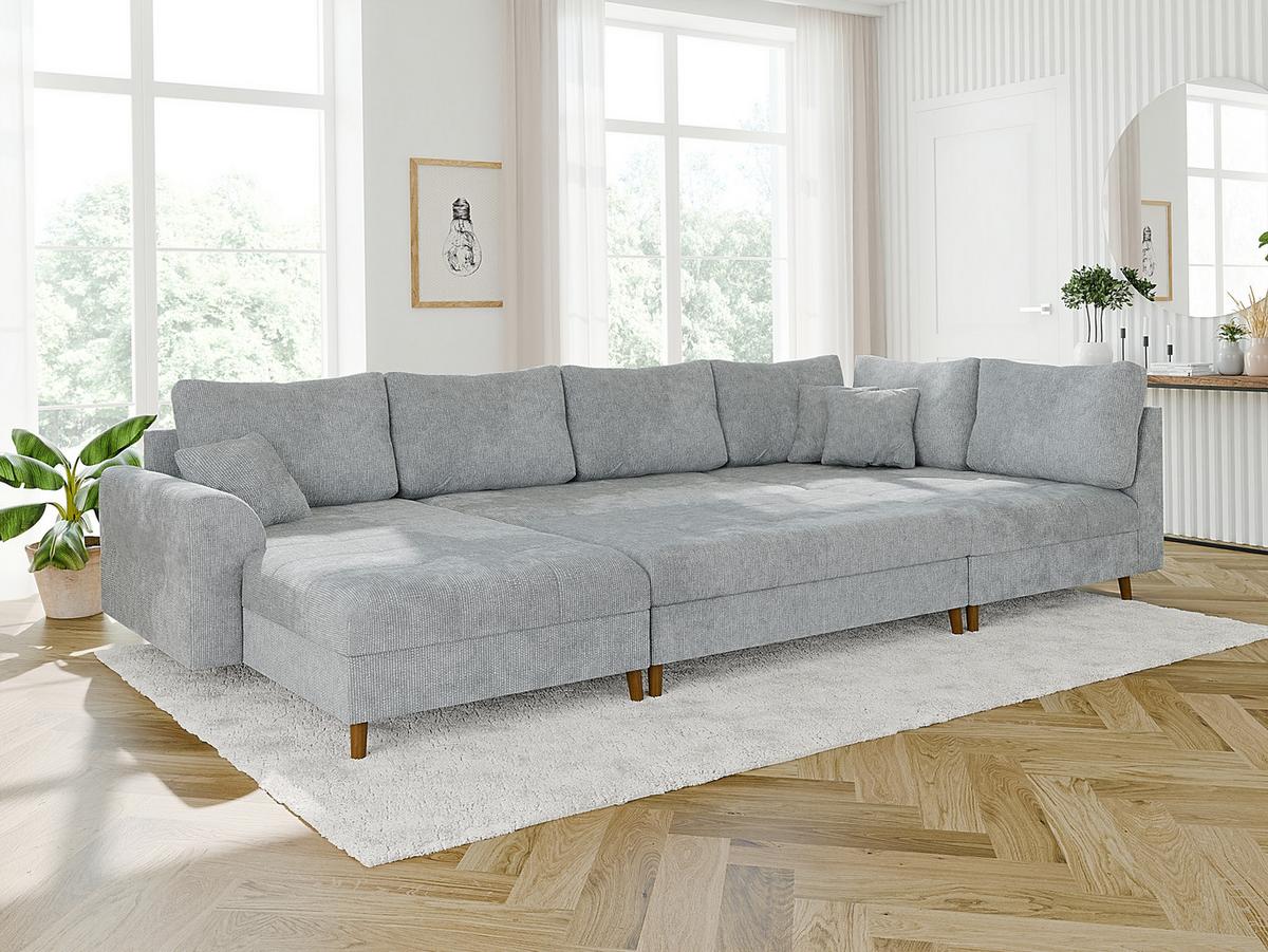 WOHNLANDSCHAFT inkl. Hocker Sigurd Hellgrau Chenille - Hellgrau/Braun, Holz/Textil (310/81/161cm) - S-Style