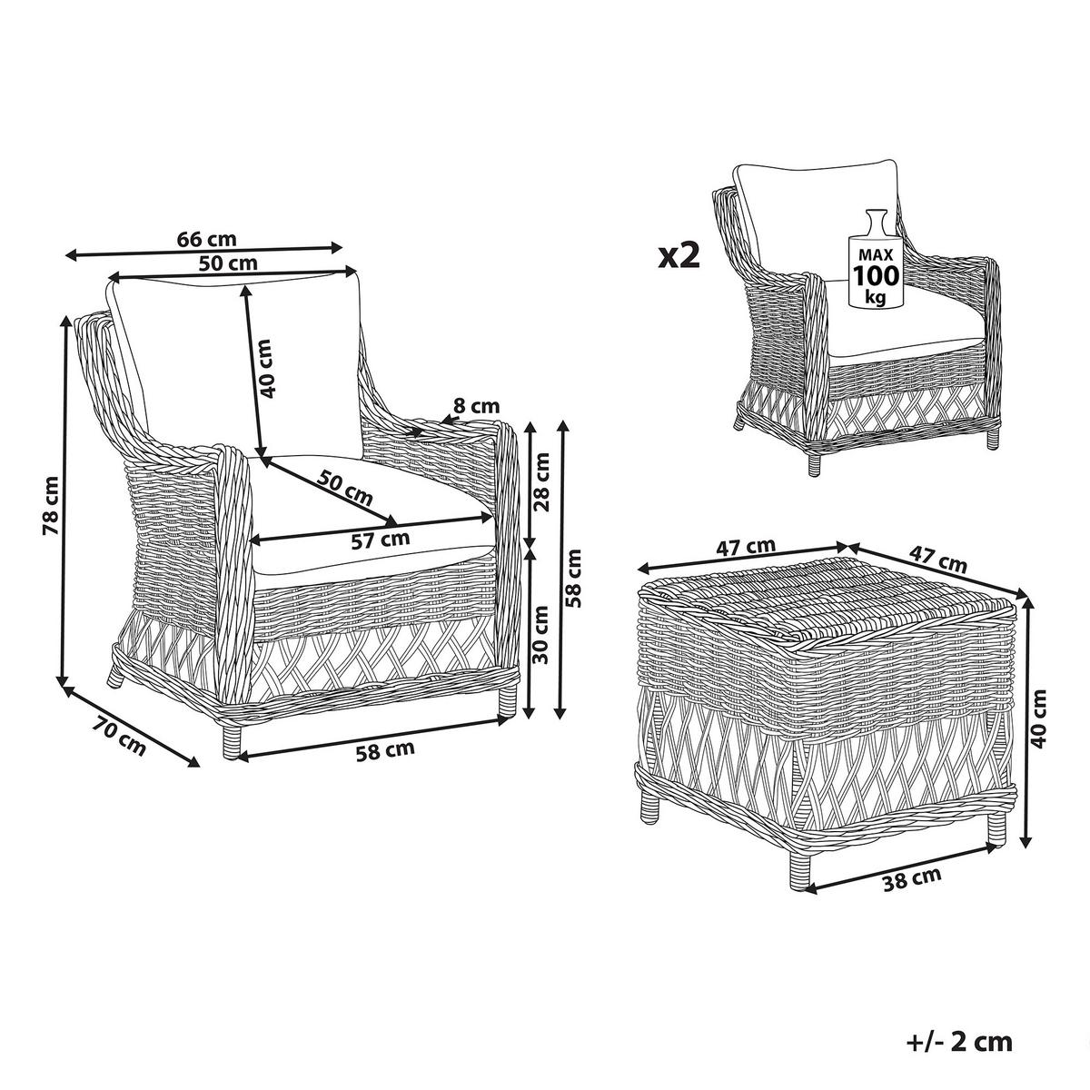 GARTENSESSEL 2er-SET mit Hocker Rattan natürlich Auflagen cremeweiß Ribolla - Beige/Naturfarben, Naturmaterialien (66/78/70cm) - Beliani
