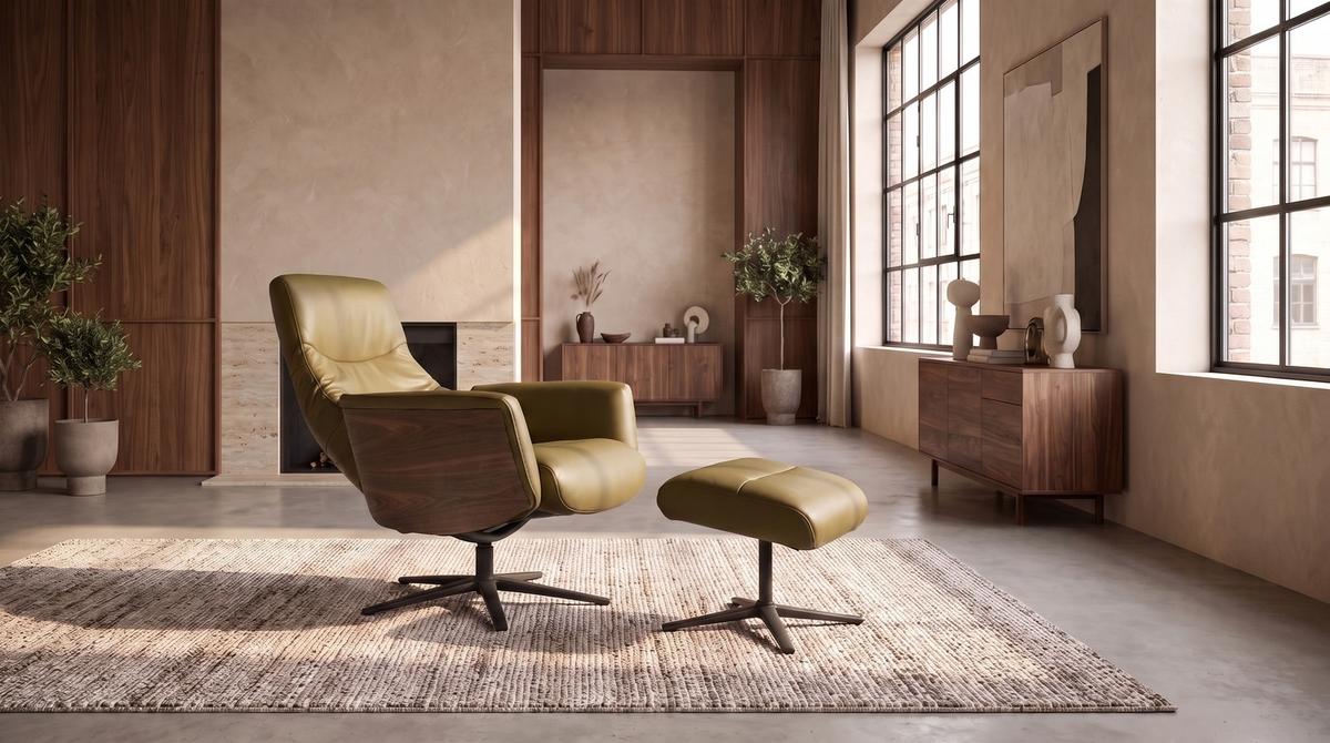 RELAXSESSEL VANITAS Grün Leder Relaxfunktion - Schwarz/Olivgrün, Leder/Metall (75/108/86cm) - KAWOLA