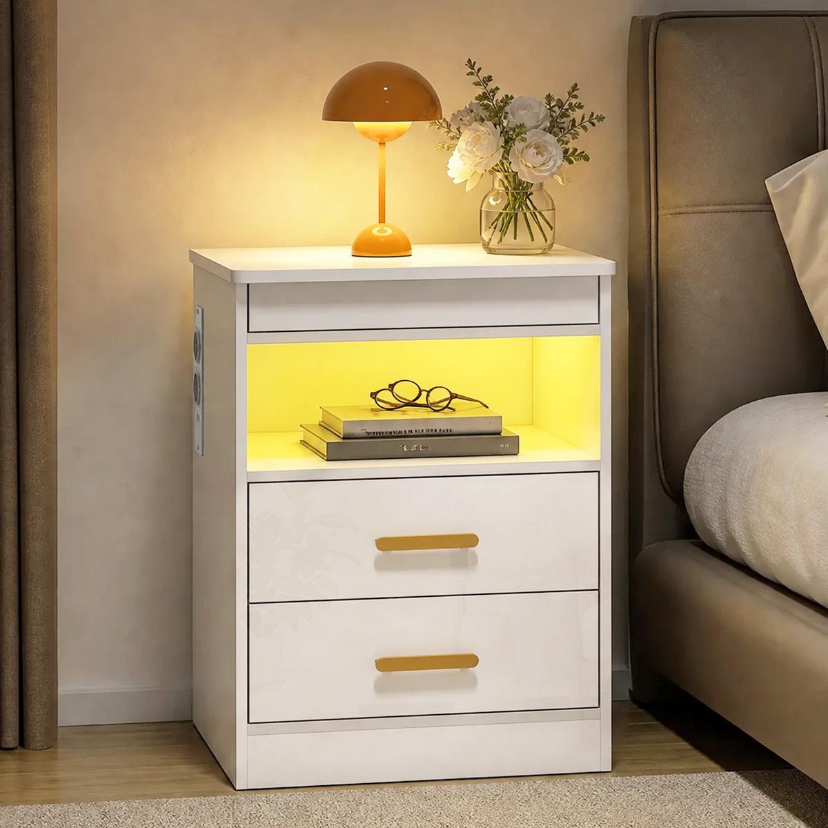 NACHTTISCH MDF Hochglanz-Weiß - Weiß Hochglanz, Holzwerkstoff/Metall (40/59/45cm) - HOMCOM