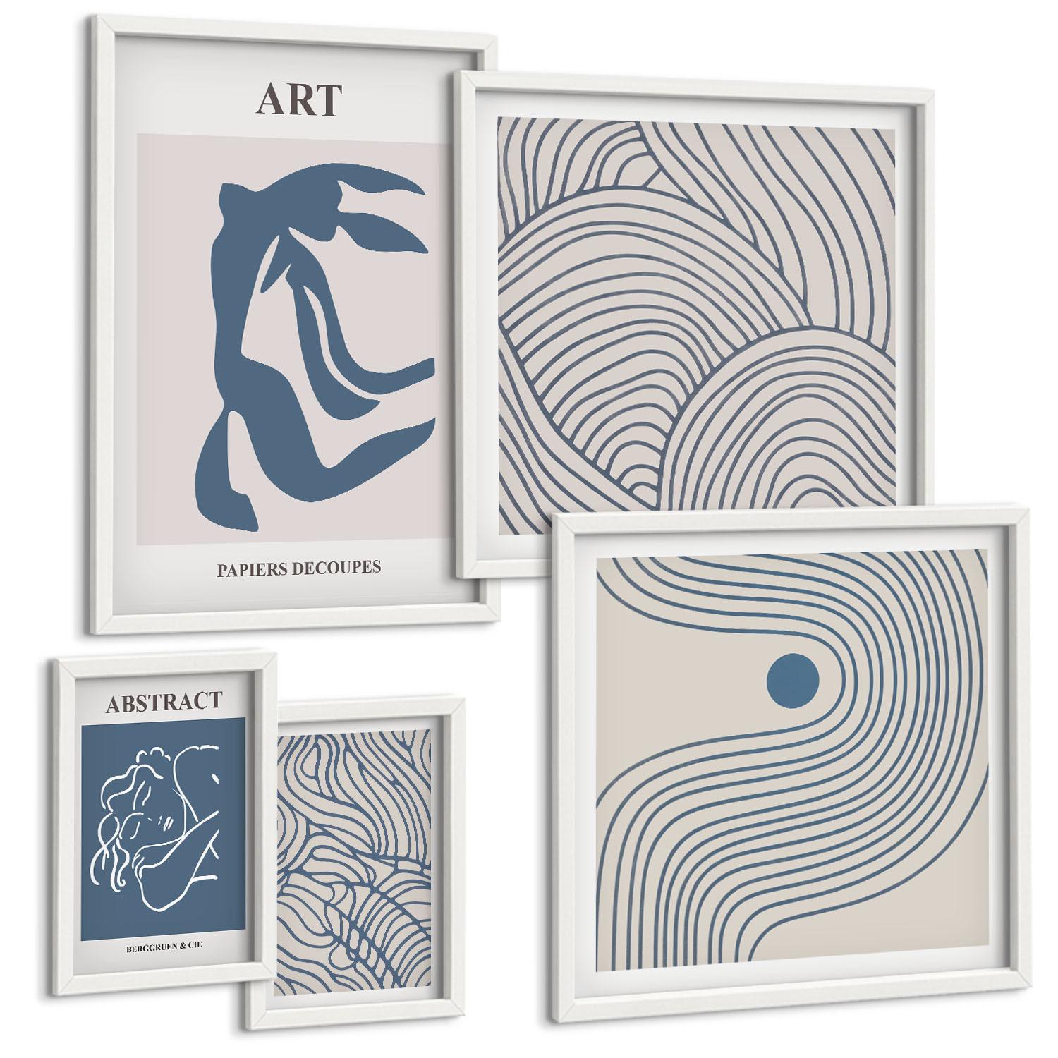 BILDER SET 5er Set - 50x50 cm & 20x30 cm & 40x60 cm Weißer Rahmen - Abstrakte blaue Linien - Weiß, Kunststoff (40/60cm) - TULUP