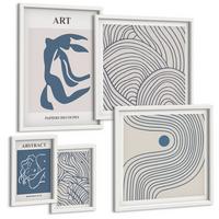 BILDER SET 5er Set - 50x50 cm & 20x30 cm & 40x60 cm Weißer Rahmen - Abstrakte blaue Linien - Weiß, Kunststoff (40/60cm) - TULUP