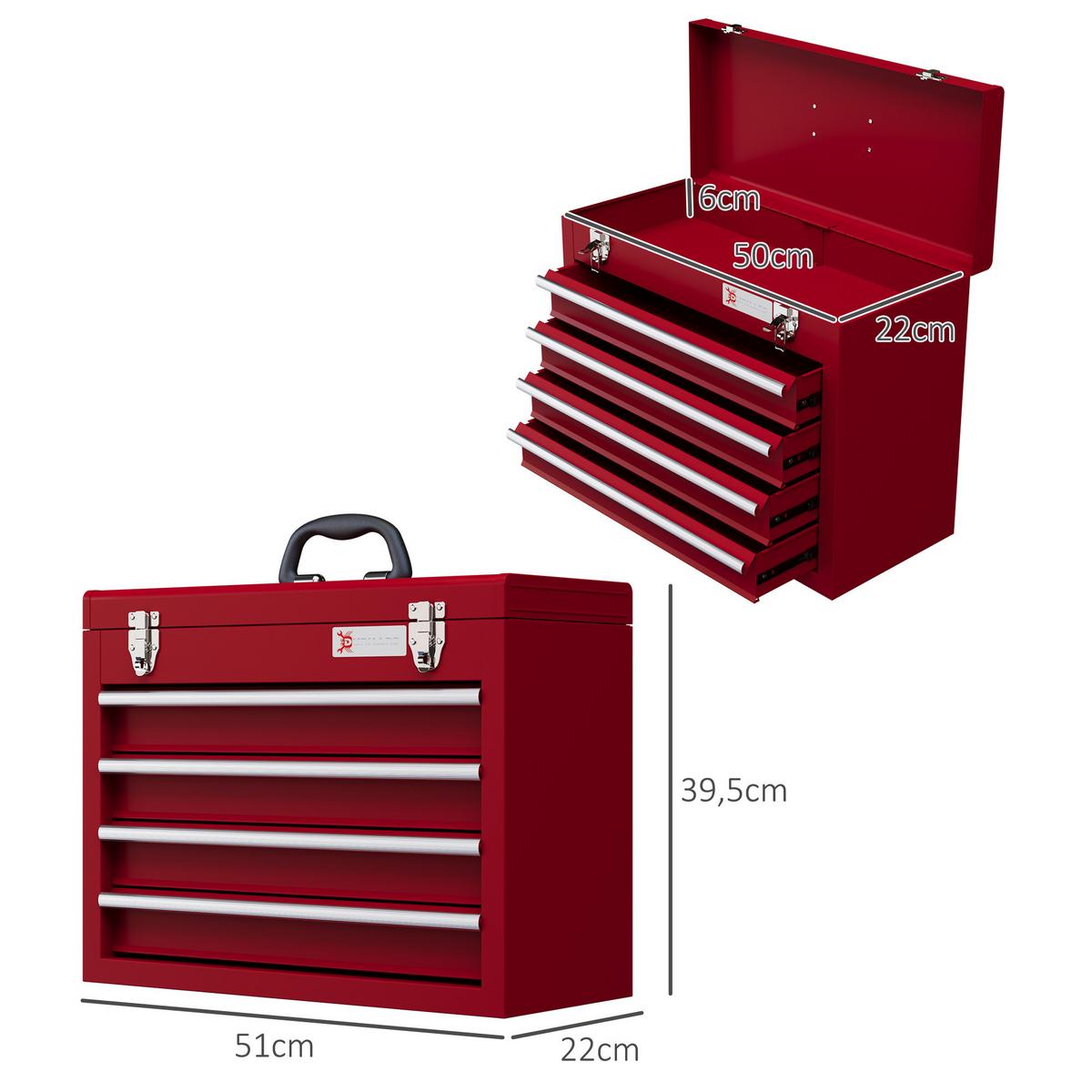 WERKZEUGKOFFER leer, 51 x 22 x 39,5 cm Werkzeugkasten mit 4 Schubladen Rot - Rot, Metall (22/39.5/51cm) - DURHAND