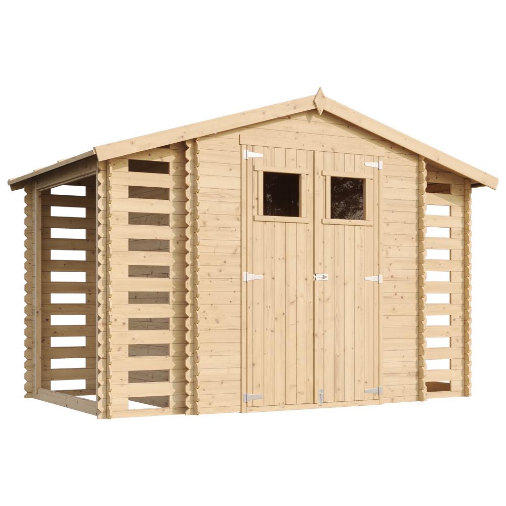 HOLZHAUS GARTENHAUS mit Brennholzschuppen M391 - B328xL206xH218 cm/ 3,53 + 0,97 + 0,97 m2 - Beige, Holz (328/218/206cm) - Timbela