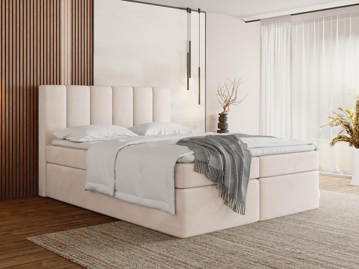 BOXBETT Amira mit Bettkasten, Samt Beige 140/200 cm – 7-Zonen Taschenfederkern-Matratze & Komfortschaum-Topper - Ecru/Beige, Kunststoff/Textil (140/200cm) - WFL GROUP