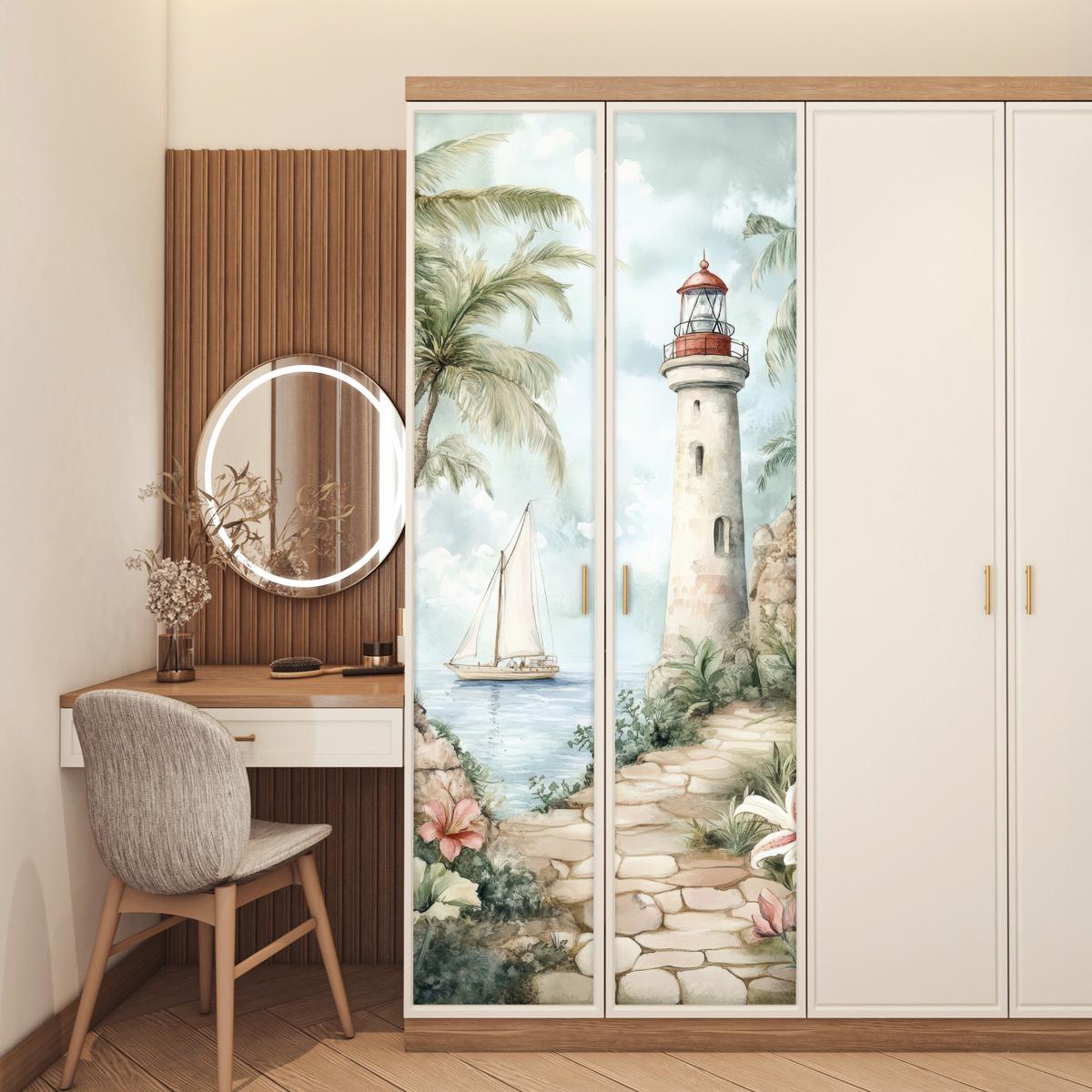 TÜRAUFKLEBER Leuchtturm - Natur - Landschaft - Boot 80x215 cm - Türtapete - Eichefarben, Kunststoff (80/0.1cm) - MuchoWow