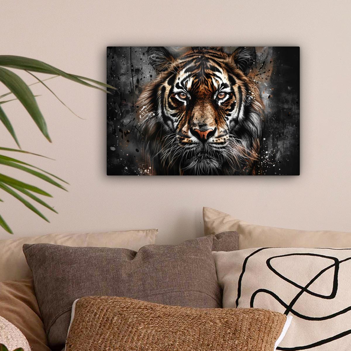 LEINWANDBILD Tiger - Tiere - Porträt - Luxus - Schwarz Deko Schlafzimmer 30x20 cm - Anthrazit, Textil (30/20cm) - MuchoWow