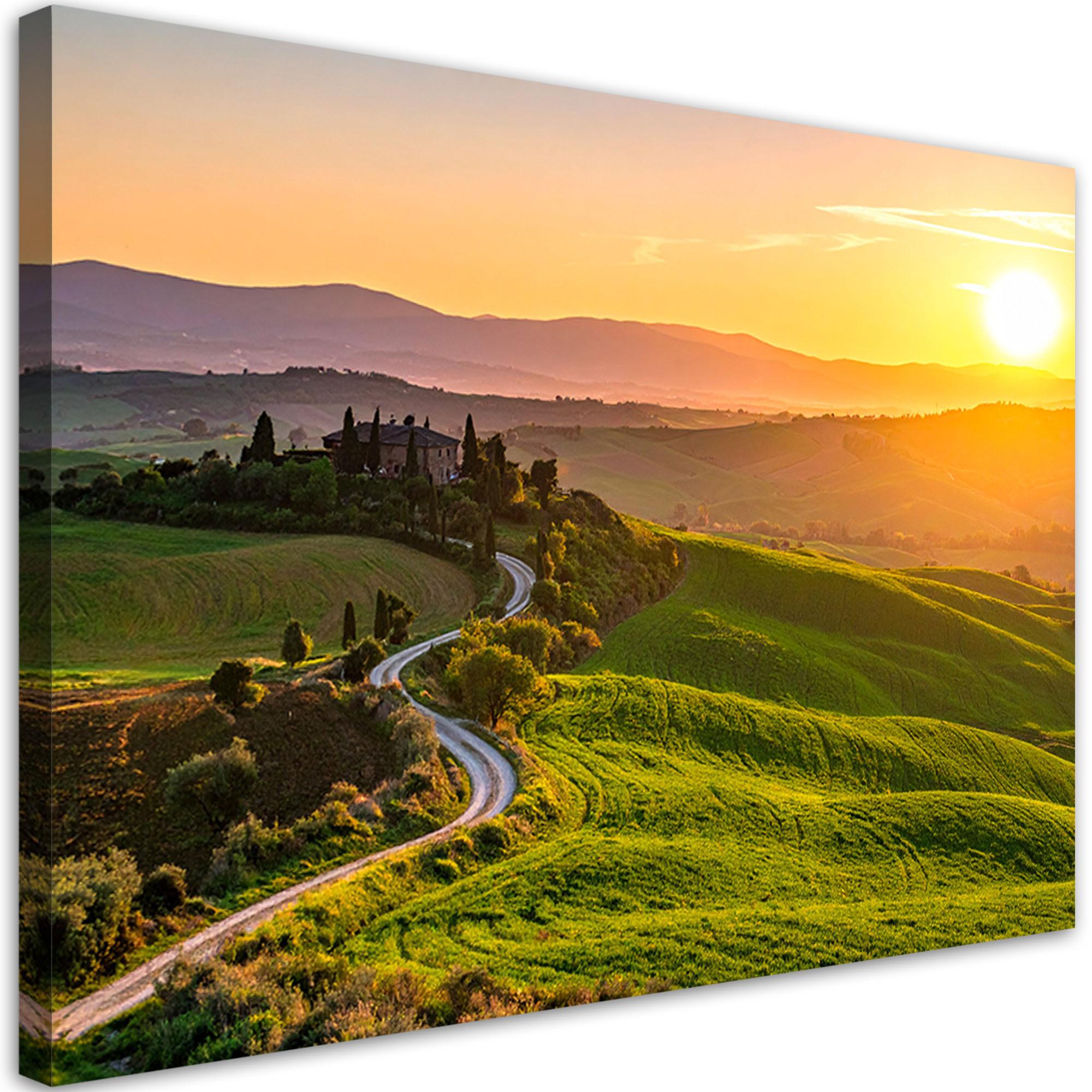 LEINWANDBILD Toskana Landschaft Sonnenuntergang 100x70cm - Grün, Textil (100/70cm) - Feeby