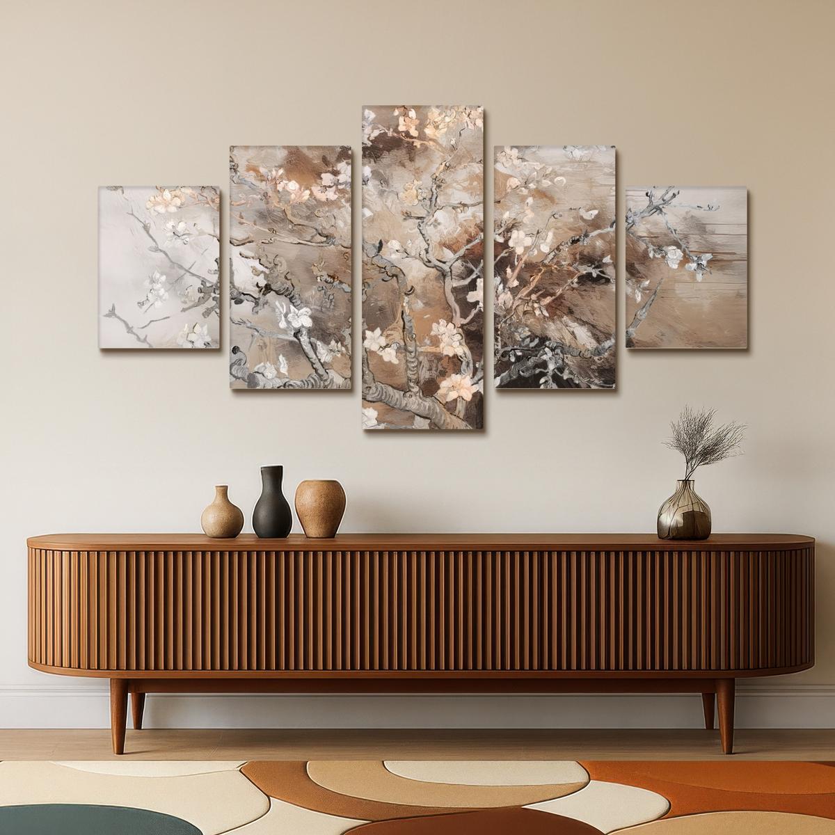 LEINWANDBILD 5er Set Mandelblüte - Abstrakt - Beige 150x80 cm - Beige, Textil (150/80cm) - MuchoWow