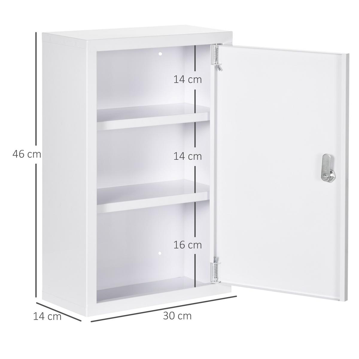 MEDIZINSCHRANK, Apothekerschrank mit 3 Fächern, 2 Schlüsseln Abschließbar, Stahl - Weiß, Metall (14/46/30cm) - Kleankin