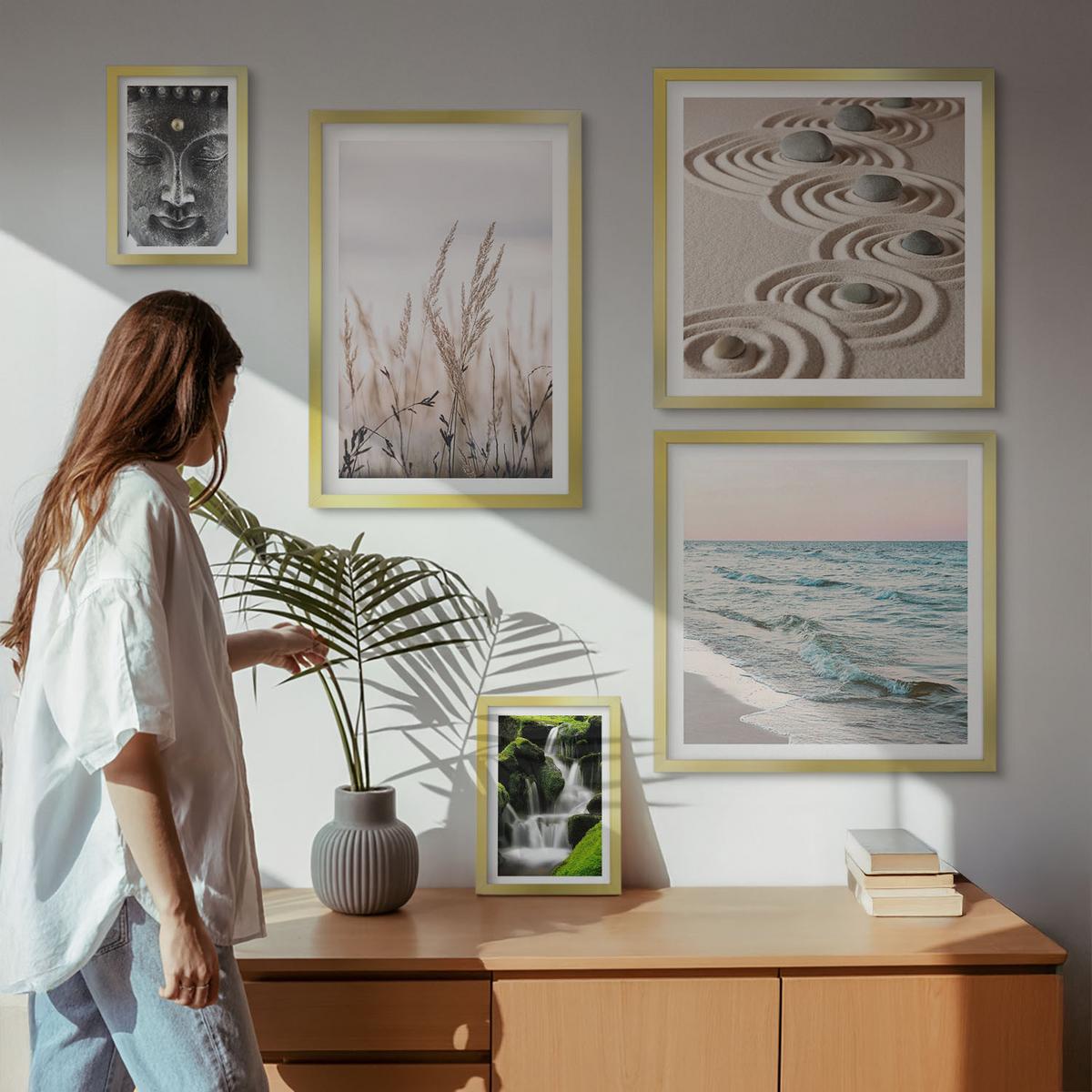 BILDER SET 5er Set - 50x50 cm & 20x30 cm & 40x60 cm Goldrahmen - Nachthimmel, Berge, Sterne - Goldfarben, Kunststoff (40/60cm) - TULUP