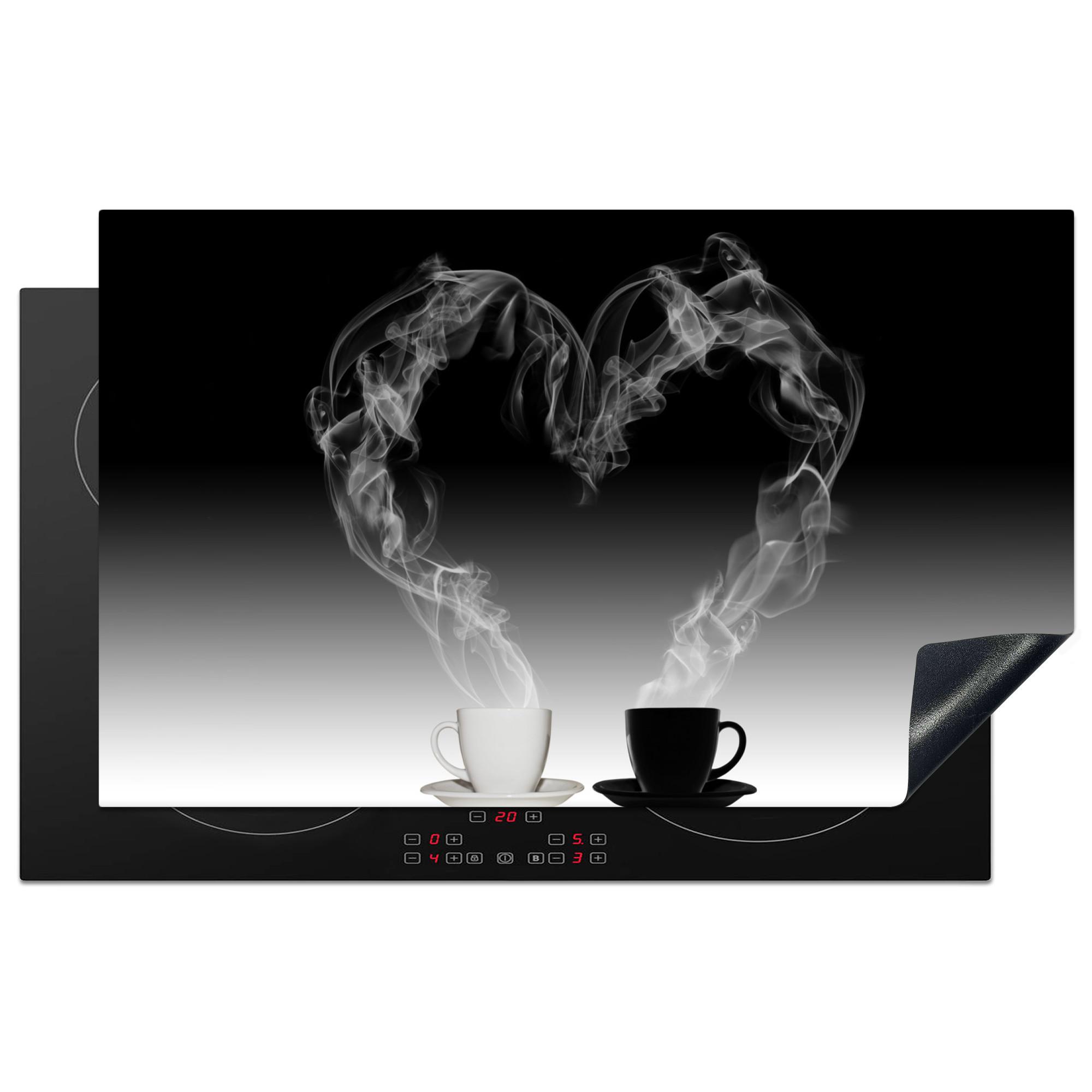 HERDABDECKPLATTE Kaffee - Herz - Schwarz und weiß - Tassen Ceranfeldabdeckung 85x52 cm - Weiß, Kunststoff (85/52/0.2cm) - MuchoWow