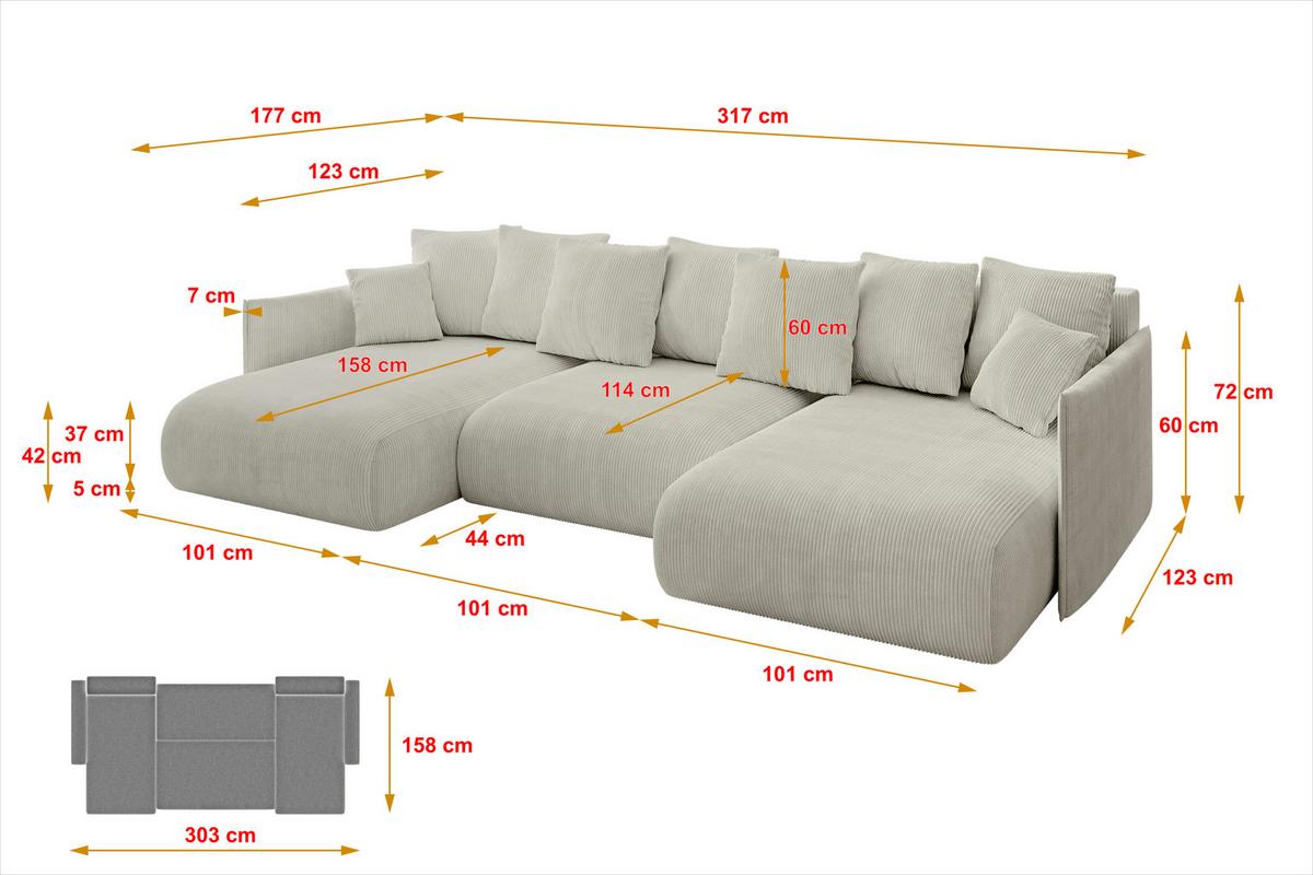 WOHNLANDSCHAFT mit Schlaffunktion und Bettkasten ONESK-U 317x177x72 Creme Cord - Ecru/Creme, Holzwerkstoff/Kunststoff (317/72/177cm) - ALTDECOR