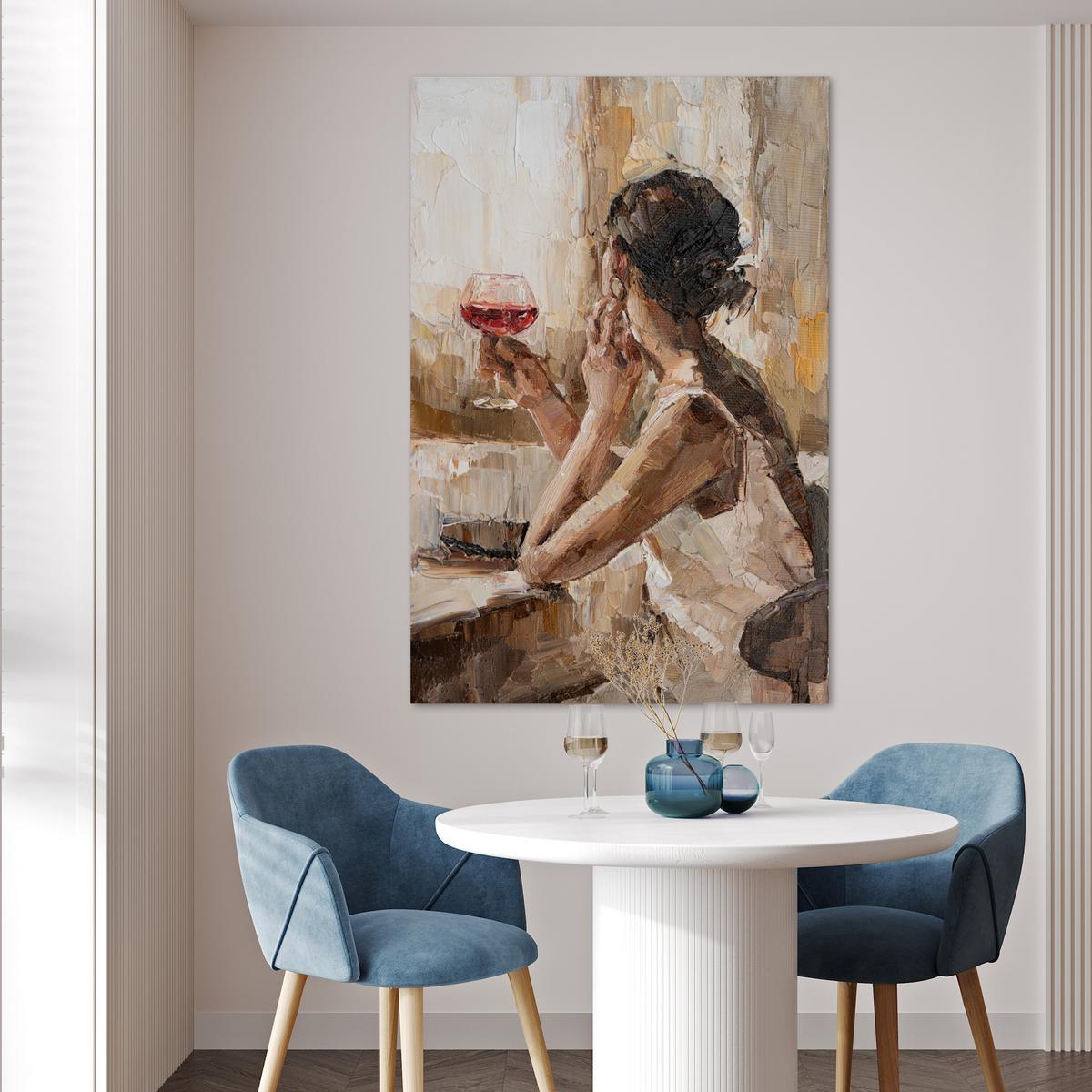 POSTER Ölgemälde - Frau - Wein Wandbild Schlafzimmer 80x120 cm - Hellbraun, Papier (80/120/0.1cm) - MuchoWow