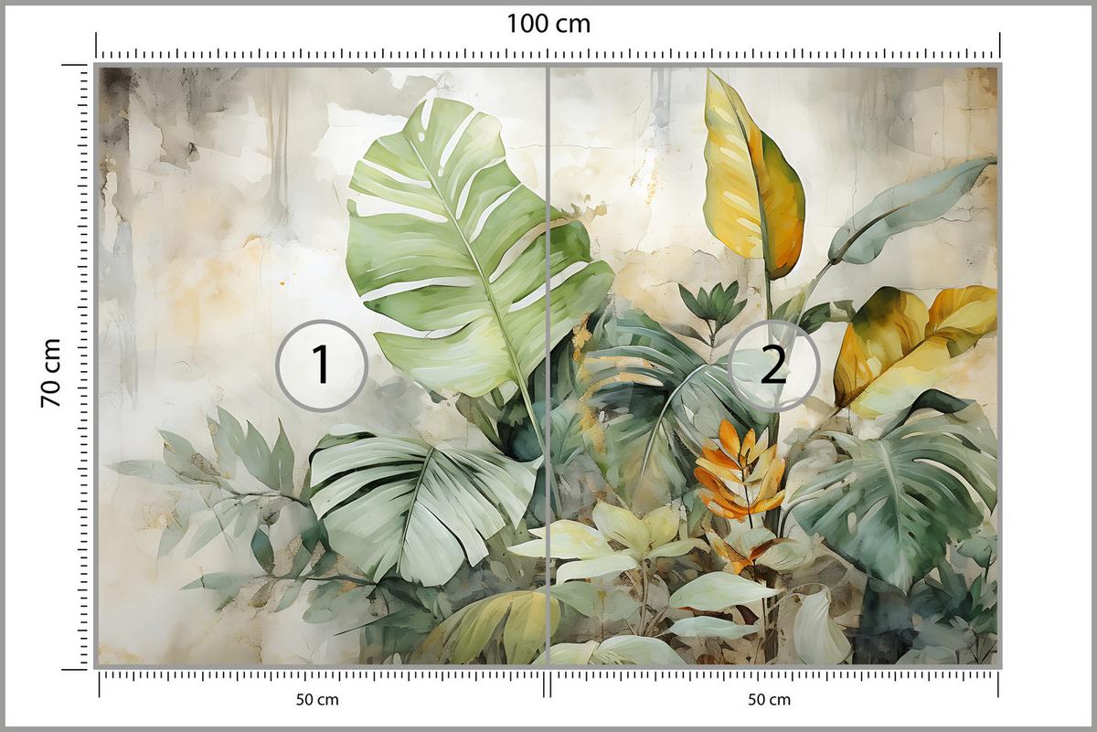 FOTOTAPETE für Wohnzimmer Tropische Blätter Aquarell Abstrakt 100x70 - Gelb/Beige, Papier (100/70cm) - Muralo