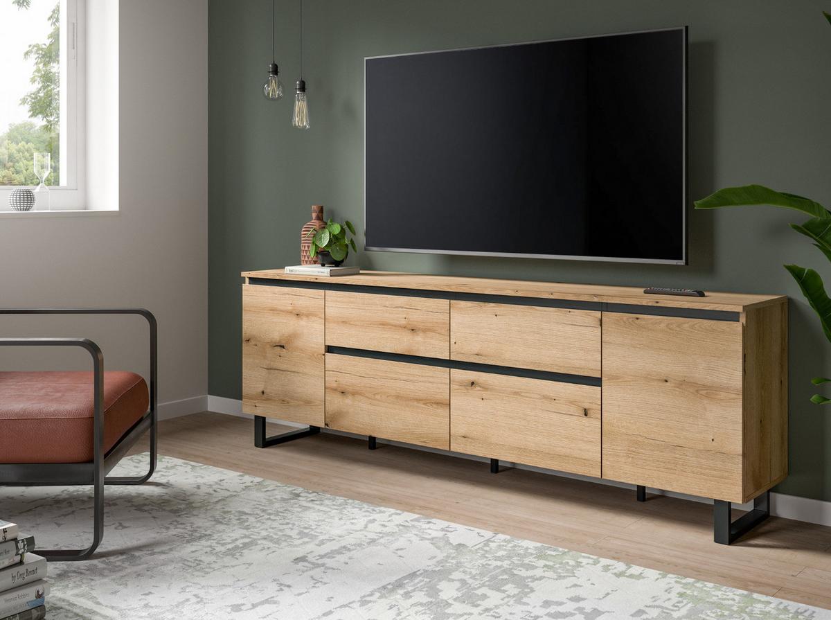 TV-LOWBOARD Evoke Eiche, schwarz, TV Unterschrank 188 x 65 cm, Soft-Close und Komforthöhe - Eichefarben/Schwarz, Holzwerkstoff/Metall (188/65/36cm) - Inn.Furn