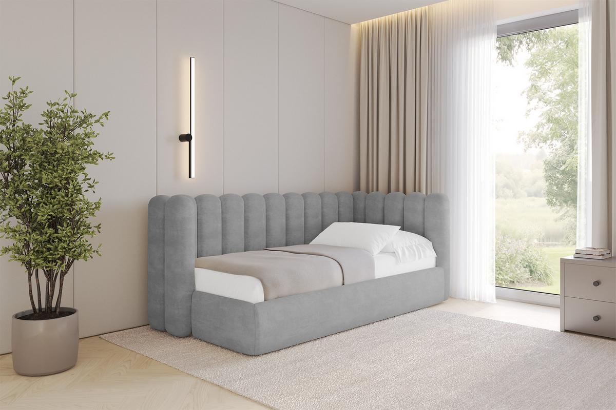 EINZELLBETT Jugendbett mit Bettkasten und Matratze H3/H4, Links - HUGY 100x200 Grau - Hellgrau, Holzwerkstoff/Textil (100/200cm) - ALTDECOR
