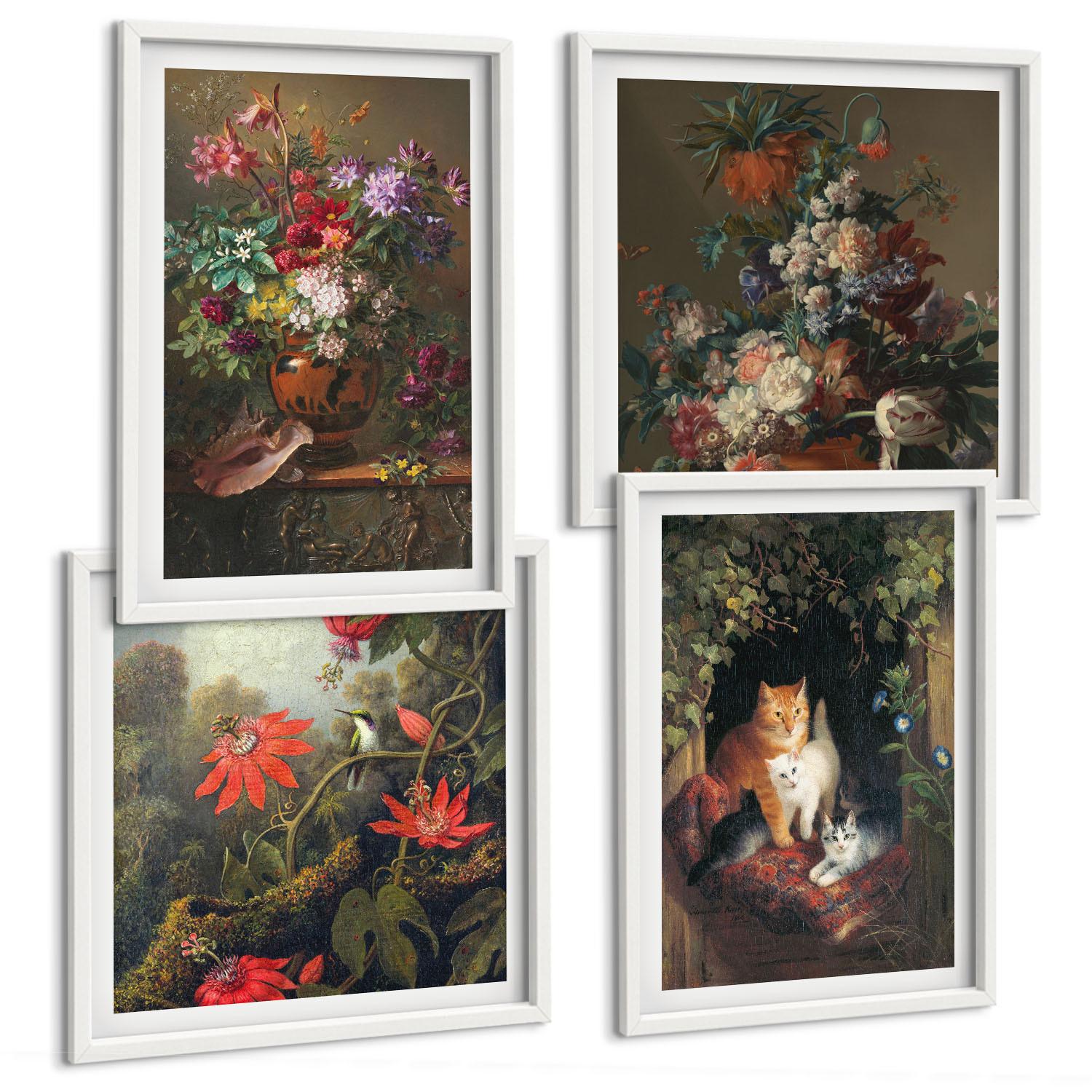 BILDER SET 4er Set - 50x50 cm & 40x60 cm Weißer Rahmen - Vintage-Blumen, Katzen, Pflanzen - Weiß, Kunststoff (50/50cm) - TULUP