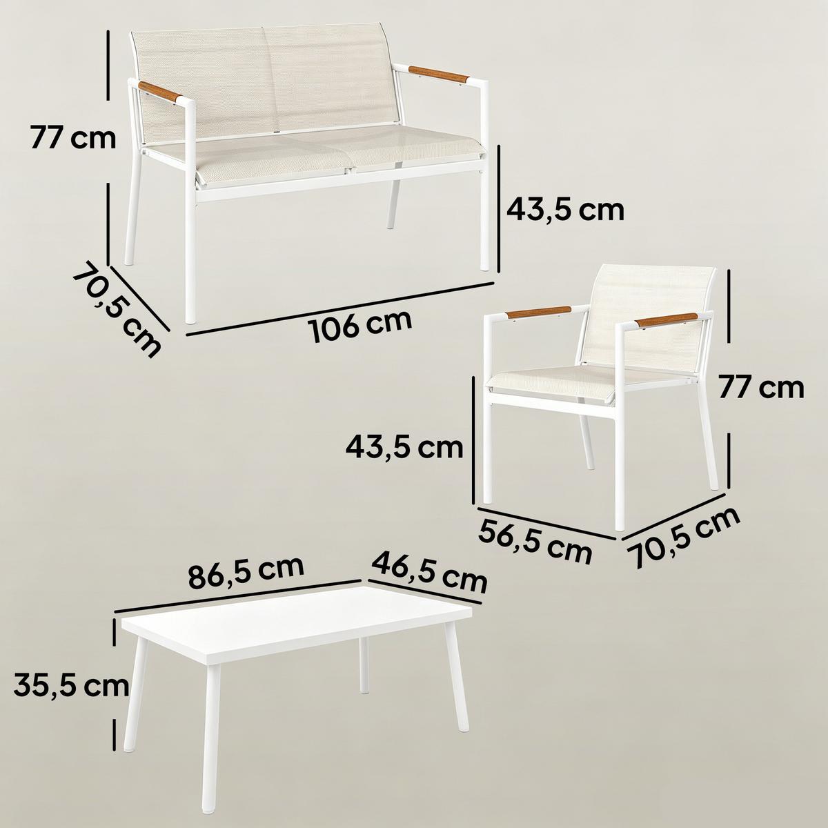 BALKONMÖBEL 4ER-SET aus Metall Netzstoff Cremeweiß - Creme/Weiß, Textil/Metall - Outsunny