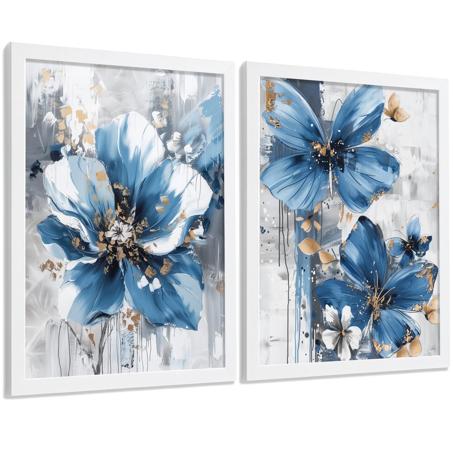 POSTER 2er-Set Wandbilder Blumen Blau Braun modern Wohnzimmer Deko, Schlafzimmer, Küche, Badezimmer Weißer Rahmen A4 - Weiß, Papier (29.7/1/21cm) - Nacnic