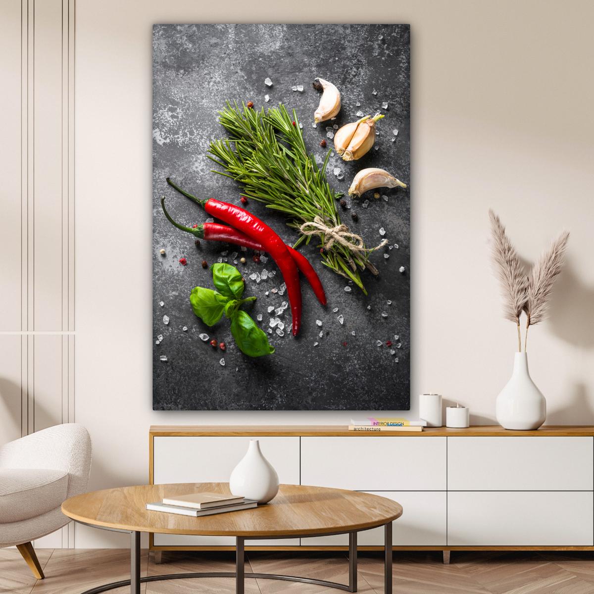 LEINWANDBILD Pfeffer - Kräuter - Gewürze - Beton Deko Groß 90x140 cm - Dunkelgrau, Textil (90/140cm) - MuchoWow