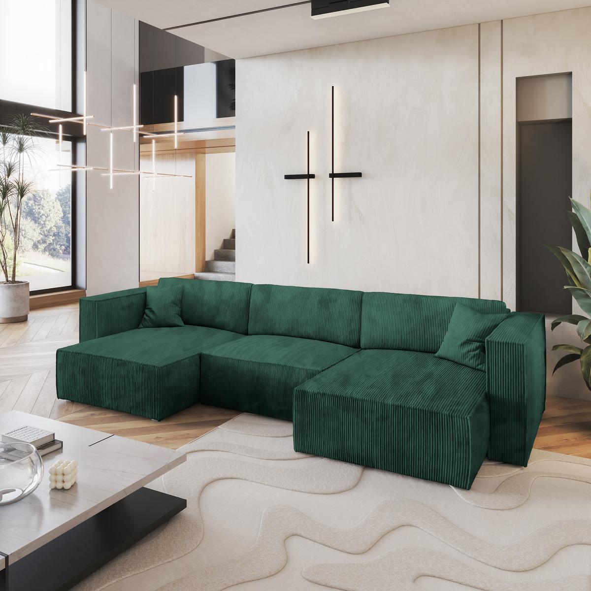 WOHNLANDSCHAFT SARMO P Grün Kordstoff mit Schlaffunktion - Grau/Grün, Holz/Kunststoff (347/70/148cm) - MASSENO