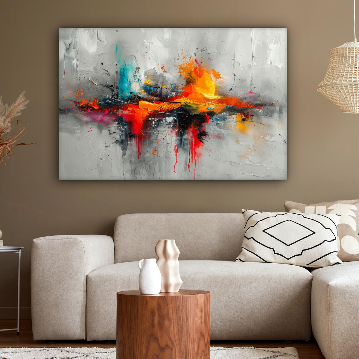 LEINWANDBILD Moderne Kunst - Orange - Grau - Abstrakt Wohnzimmer Groß 120x80 cm - Hellgrau, Textil (120/80cm) - MuchoWow