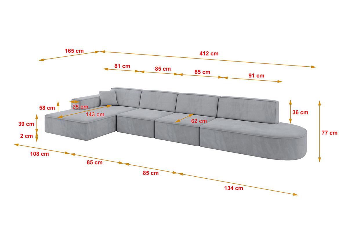 ECKSOFA Ottomane Links IREA-L3-v4 - 412x165x77 cm Grau - Titanfarben, Holzwerkstoff/Textil (412/165cm) - ALTDECOR