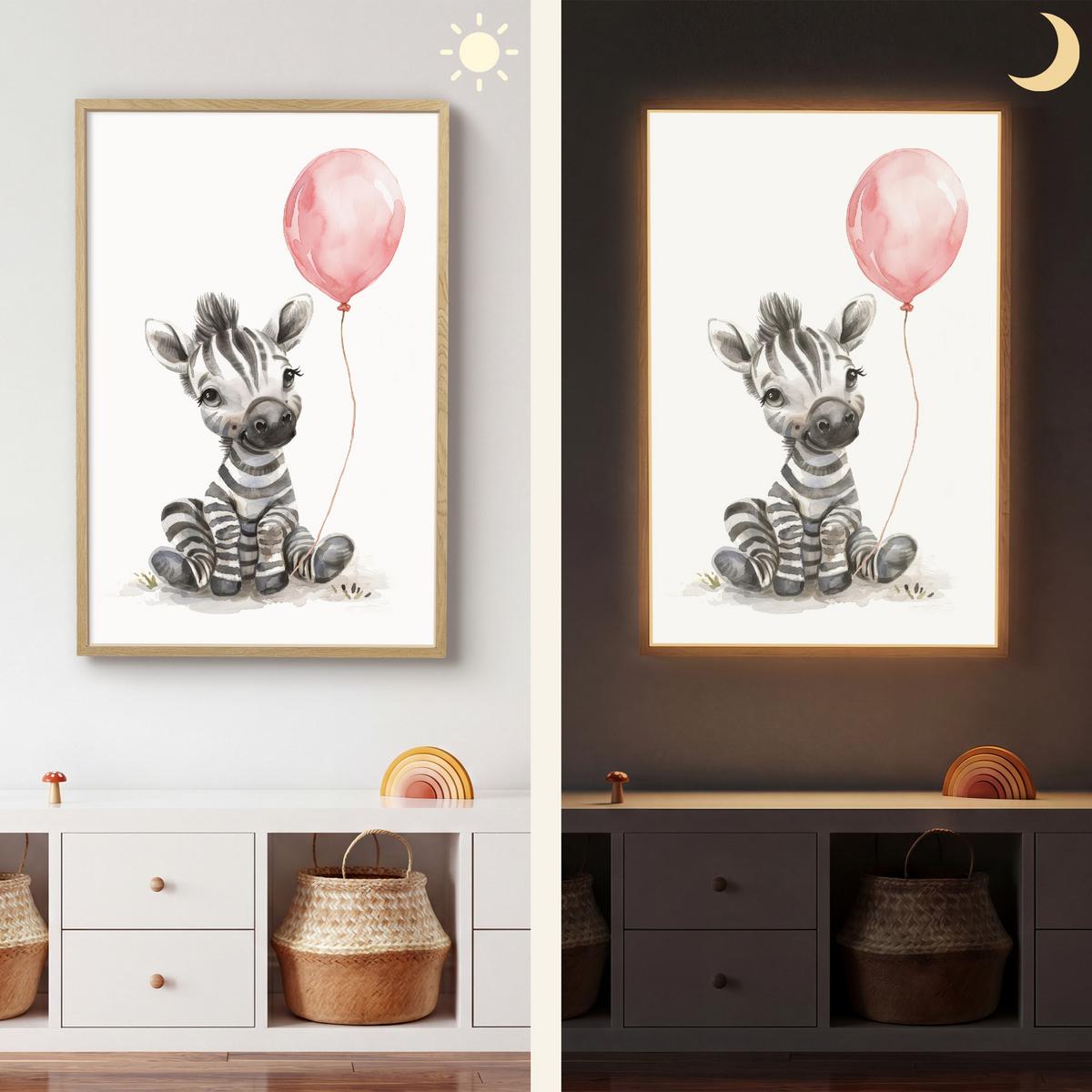 WANDLEUCHTE MIT AKKU Zebra - Baby - Tiere - Rosa Luftballon 70x100 cm - Weiß, Holzwerkstoff (70/100/8cm) - OnlyWow