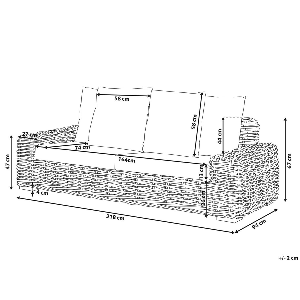 GARTENSOFA 3-Sitzer Rattan natürlich Auflagen cremeweiß Forli - Beige/Naturfarben, Naturmaterialien (218/67/94cm) - Beliani