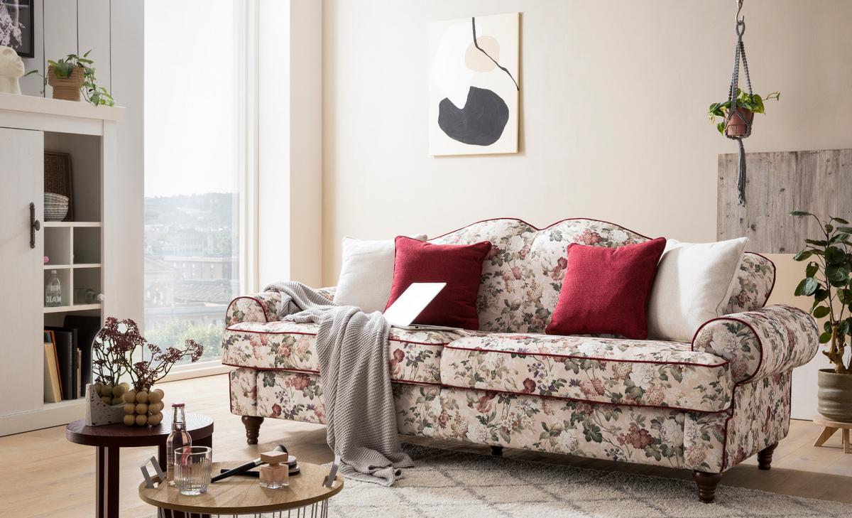 SOFA 3,5-SITZER creme Landhaus, Blumen Design, Couch 228 cm - Beige/Rot, Holz/Textil (228/96/90cm) - Furn.Design