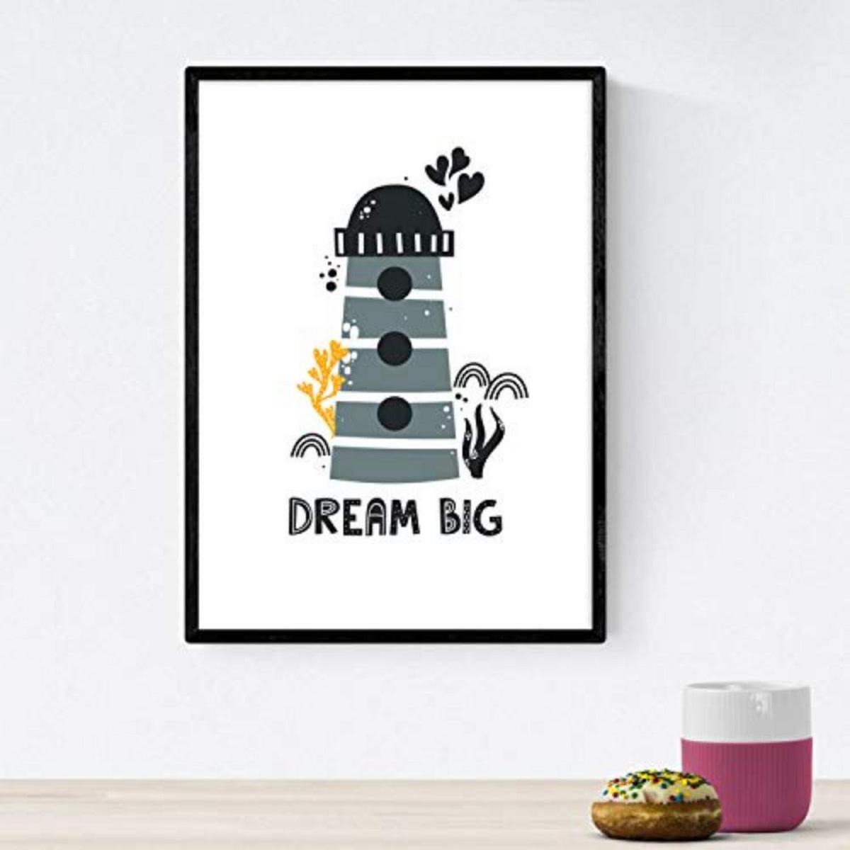POSTER Set mit 4 Wale Leuchtturm Marine Schiff auf dem Meeresboden A3 Schwarzer Rahmen - Schwarz, Papier (29.7/3cm) - Nacnic