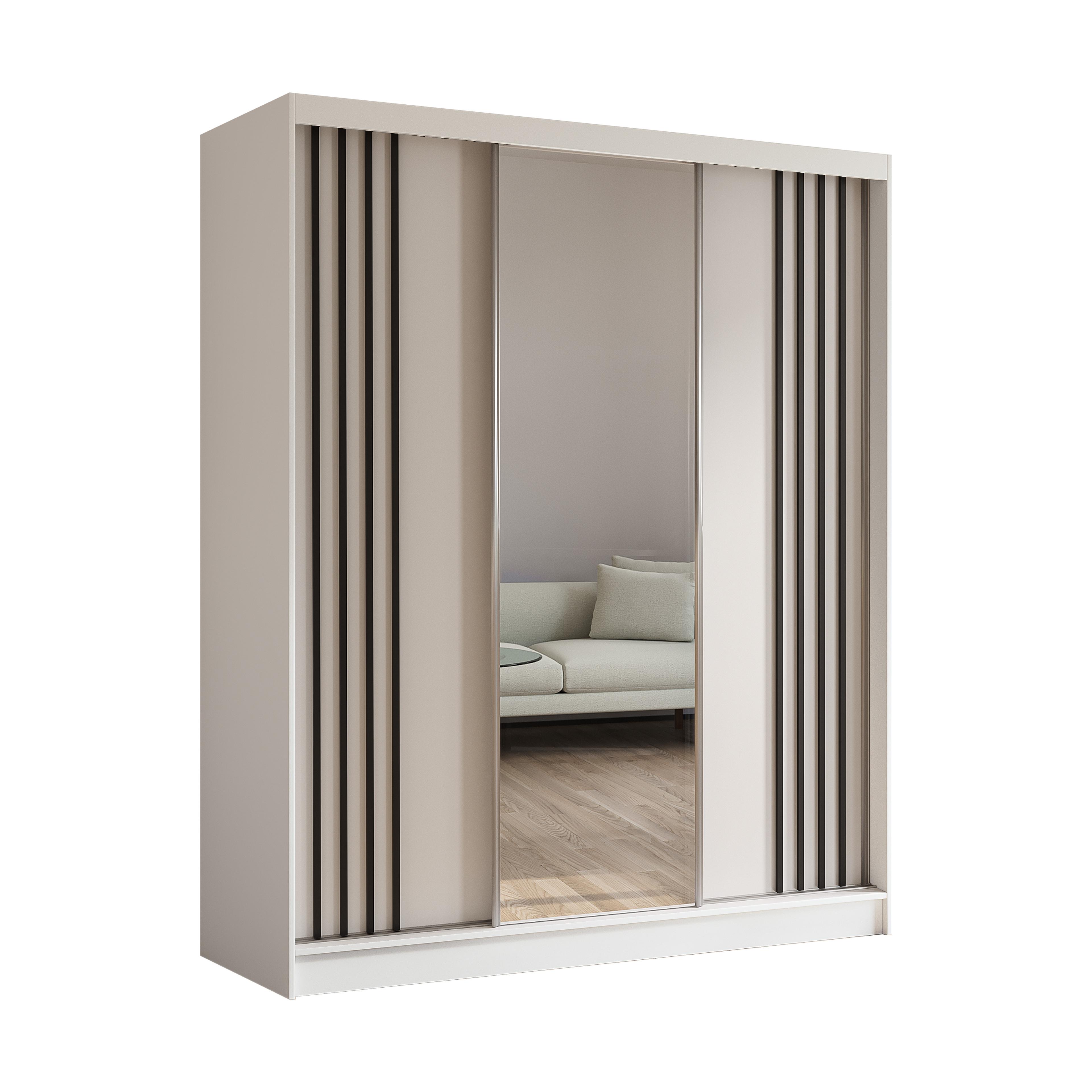 KLEIDERSCHRANK mit Spiegel-Schiebetüren und Aluminium-Leisten, LED-Beleuchtung - NALLA - 180 cm Weiß+Weiß+Schwarz - Schwarz/Weiß, Holzwerkstoff (180/216/61cm) - ALTDECOR