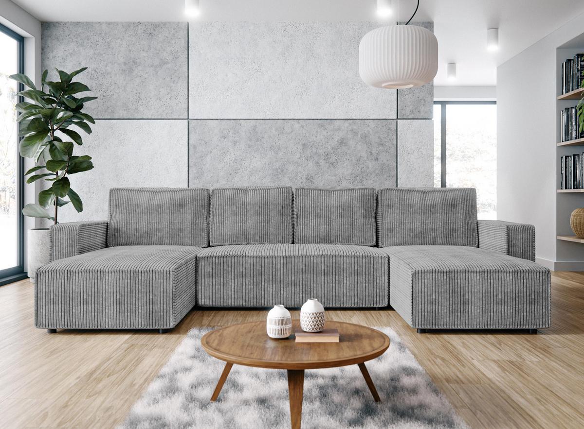 WOHNLANDSCHAFT Aydin U Form Hellgrau 338/169/85 cm Cord mit Schlaffunktion - Hellgrau/Schwarz, Kunststoff/Textil (338/85/169cm) - AX Living