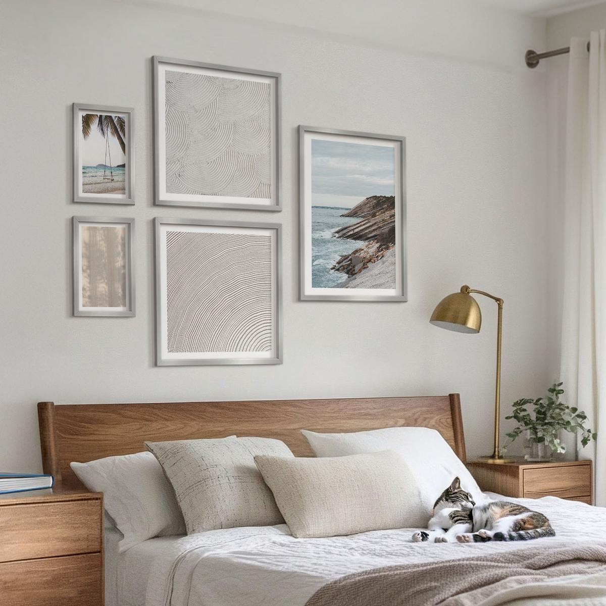 BILDER SET 5er Set - 50x50 cm & 20x30 cm & 40x60 cm Silberner Rahmen - Sommerlicher Sandstrand mit Meerblick - Silberfarben, Kunststoff (40/60cm) - TULUP