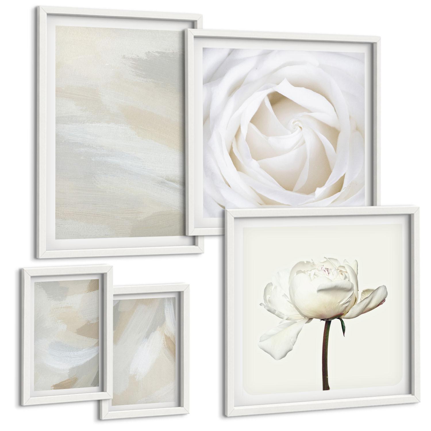 BILDER SET 5er Set - 50x50 cm & 20x30 cm & 40x60 cm Weißer Rahmen - Abstrakter Hintergrund mit feinen Strichen - Weiß, Kunststoff (40/60cm) - TULUP