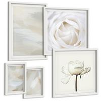 BILDER SET 5er Set - 50x50 cm & 20x30 cm & 40x60 cm Weißer Rahmen - Abstrakter Hintergrund mit feinen Strichen - Weiß, Kunststoff (40/60cm) - TULUP