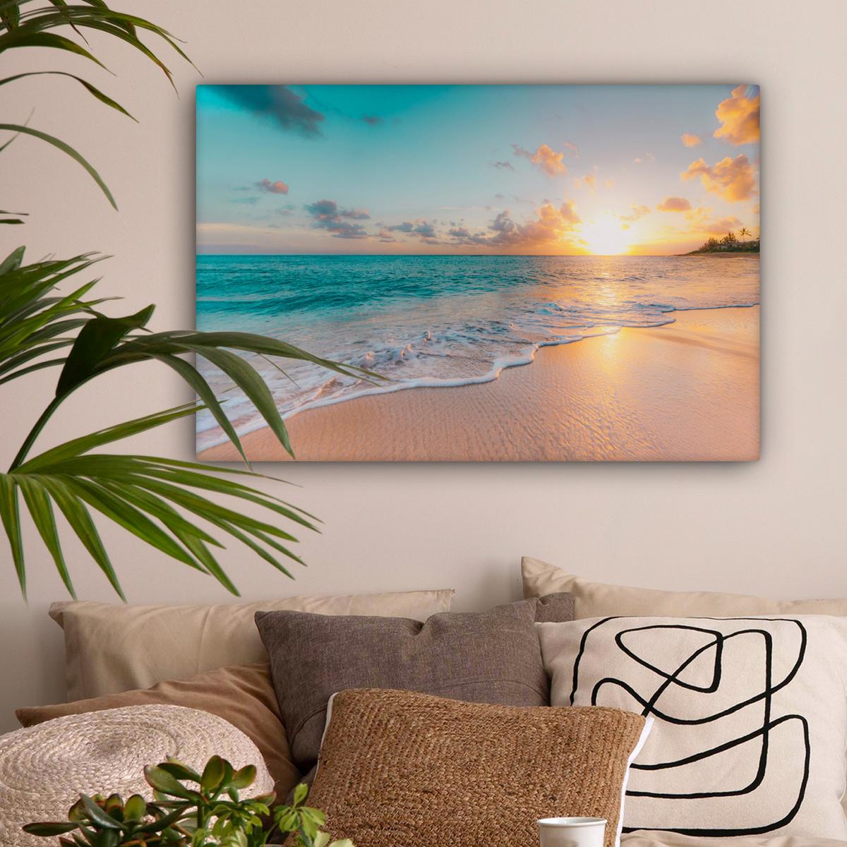 LEINWANDBILD Sonnenuntergang - Strand - Meer - Sommer - Blau XXL 150x100 cm - Multicolor, Textil (150/100cm) - MuchoWow