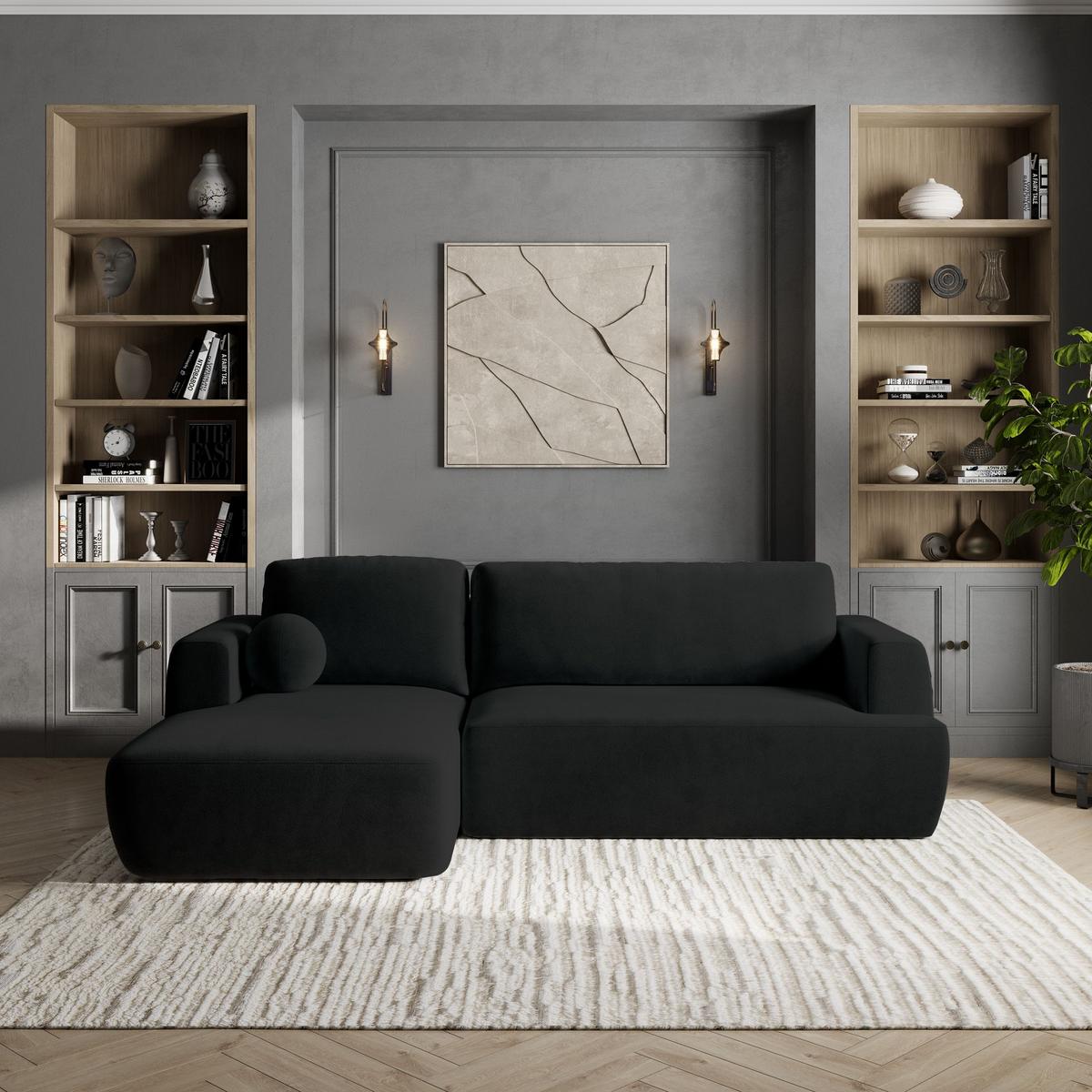 ECKSOFA SENTI K L-S Schwarz Plüsch-Stoff mit Schlaffunktion - Schwarz, Holz/Kunststoff (246/148cm) - MASSENO